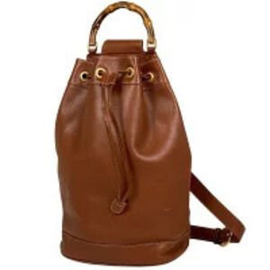 Gucci Bamboo 2way Shoulder Bag Body Belt Bum Crossbody Drawstring Leather Brown
